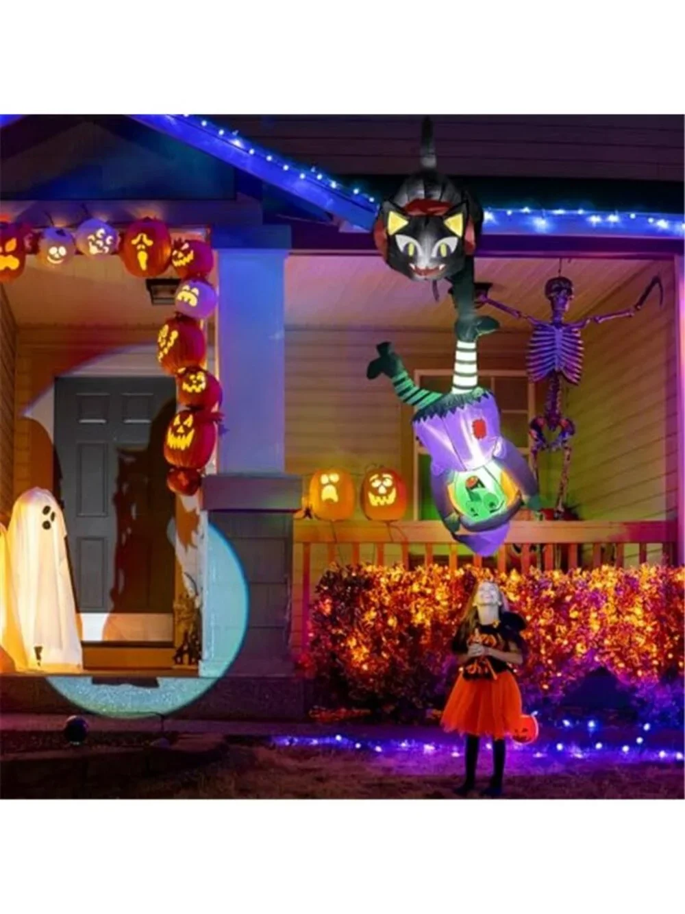 8 FT Hanging Halloween Inflatables Outdoor Decorations Black Cat and Witch